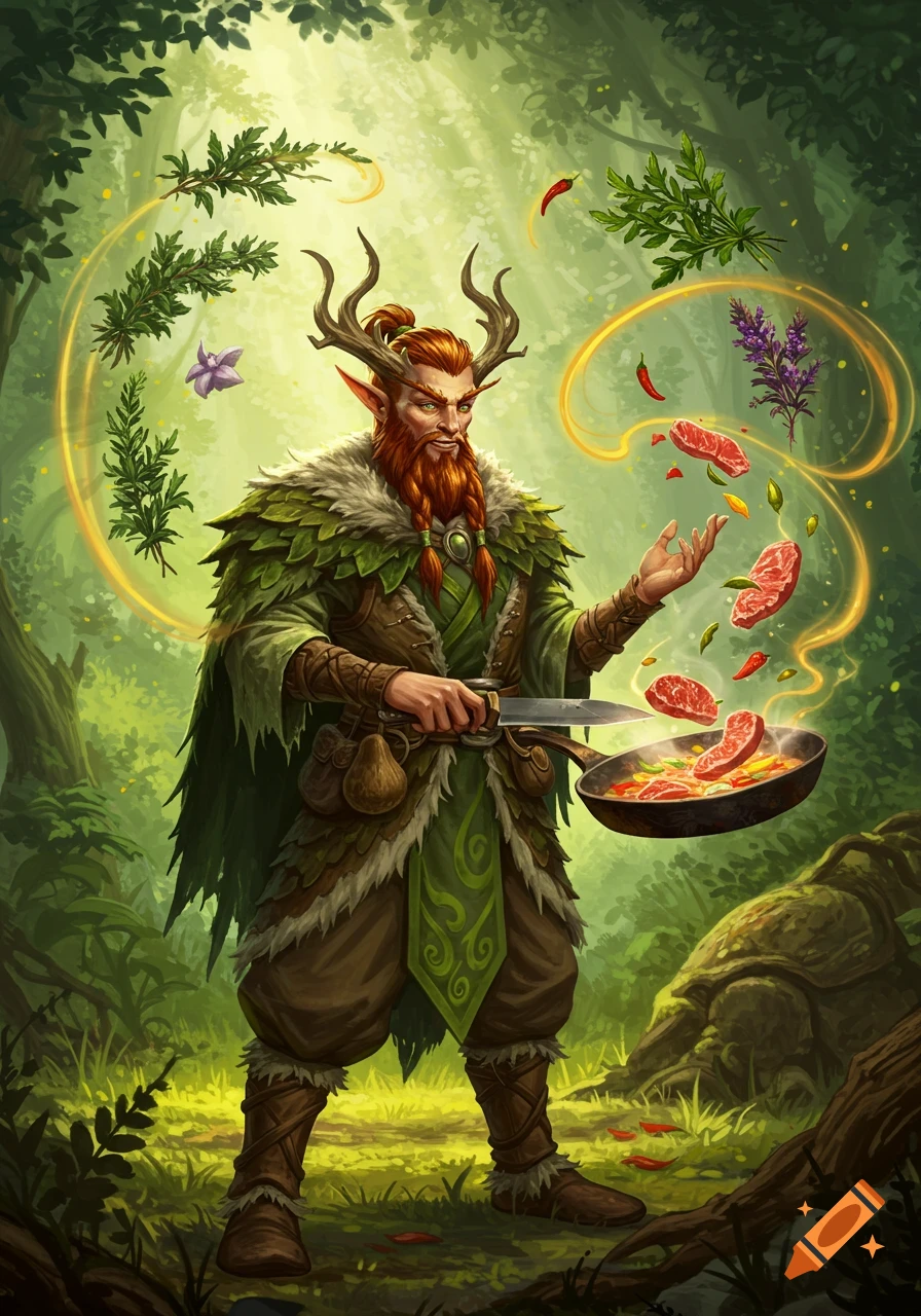A detailed fantasy illustration of a red-bearded forest elf druid with antlers cooking magically levitating meat and herbs in a pan.