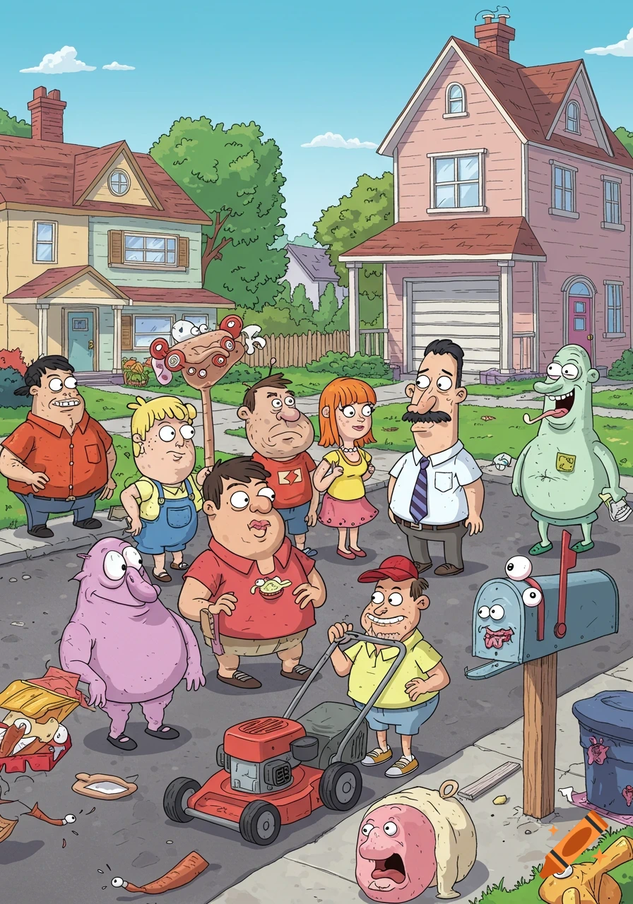 A cartoon neighborhood street scene featuring a large group of quirky, grotesque characters, one pushing a lawnmower, in a bright, colorful animation style.