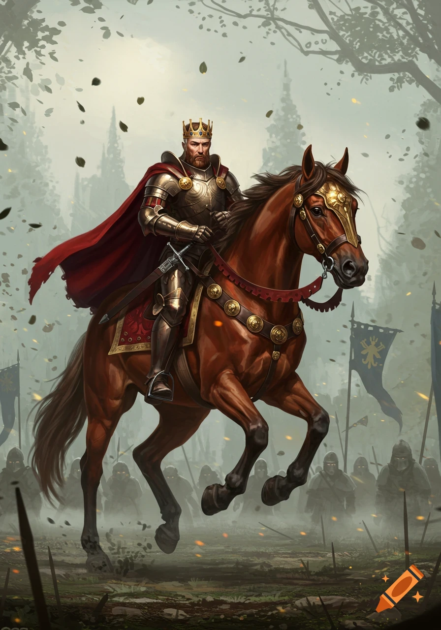 A king in golden armor and red cape rides a brown warhorse through a hazy, leaf-strewn battlefield with silhouetted soldiers behind him.