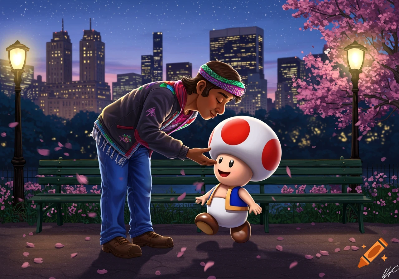 An illustrated man leans down to gently touch Toad's head in a park at night with city lights and falling cherry blossoms.