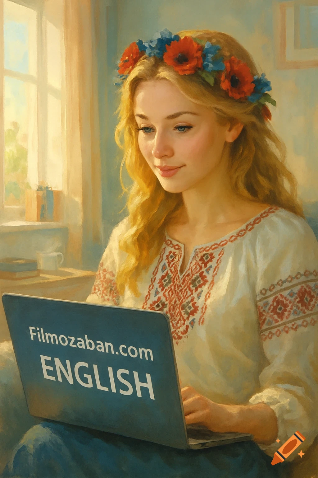 A woman with a flower crown uses a laptop in a sunlit room. The screen shows 'Filmozaban.com ENGLISH' in a painterly style.