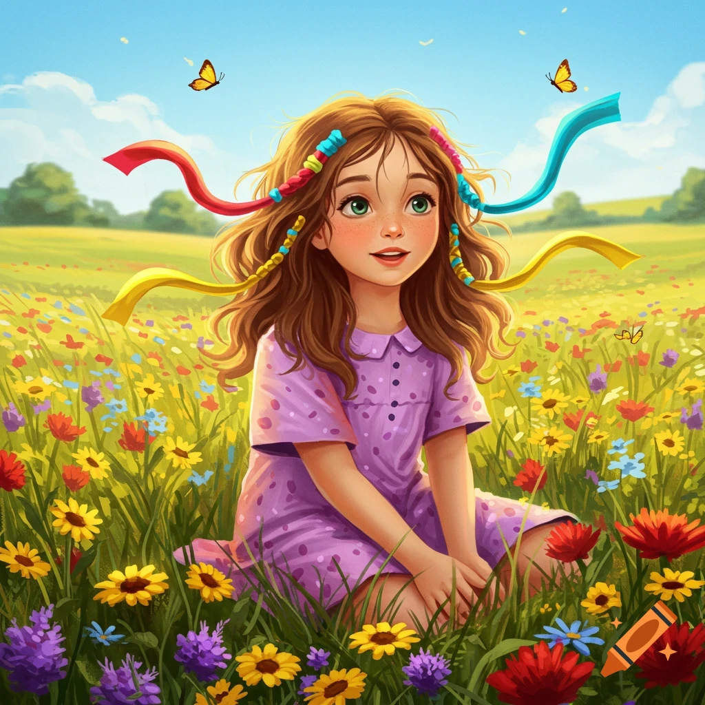 A cartoon illustration of a young girl with brown hair and green eyes sitting in a vibrant field of colorful flowers, with ribbons in her hair and butterflies in the sky.
