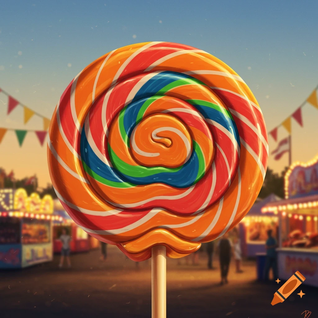 A vibrant, rainbow-colored lollipop fills the foreground, set against a blurred carnival background with lights and people.