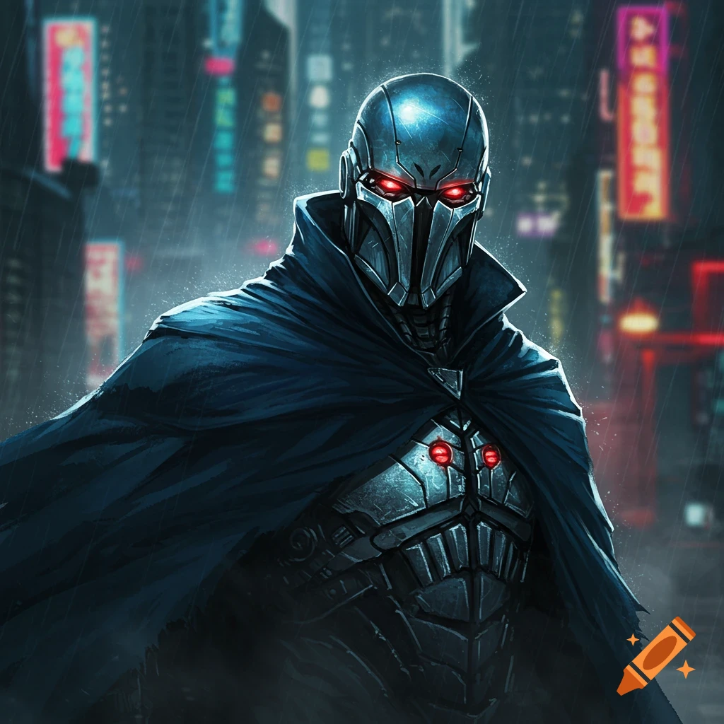 An armored, masked figure with glowing red eyes and a dark cape stands in a rainy, neon-lit cyberpunk city street.