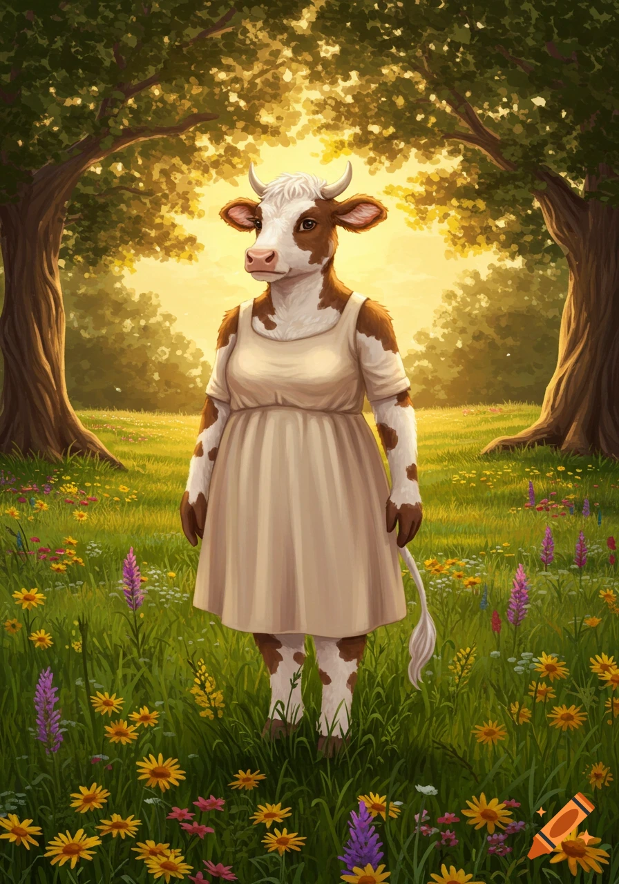 An anthropomorphic brown and white cow wearing a light dress stands in a sunlit meadow with trees and wildflowers, in a digital painting style.