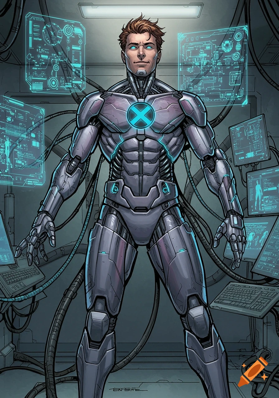A college-aged male in a futuristic grey robotic suit with a glowing X-Men logo on his chest stands in a lab with holographic screens showing diagrams, in a Marvel comic style.