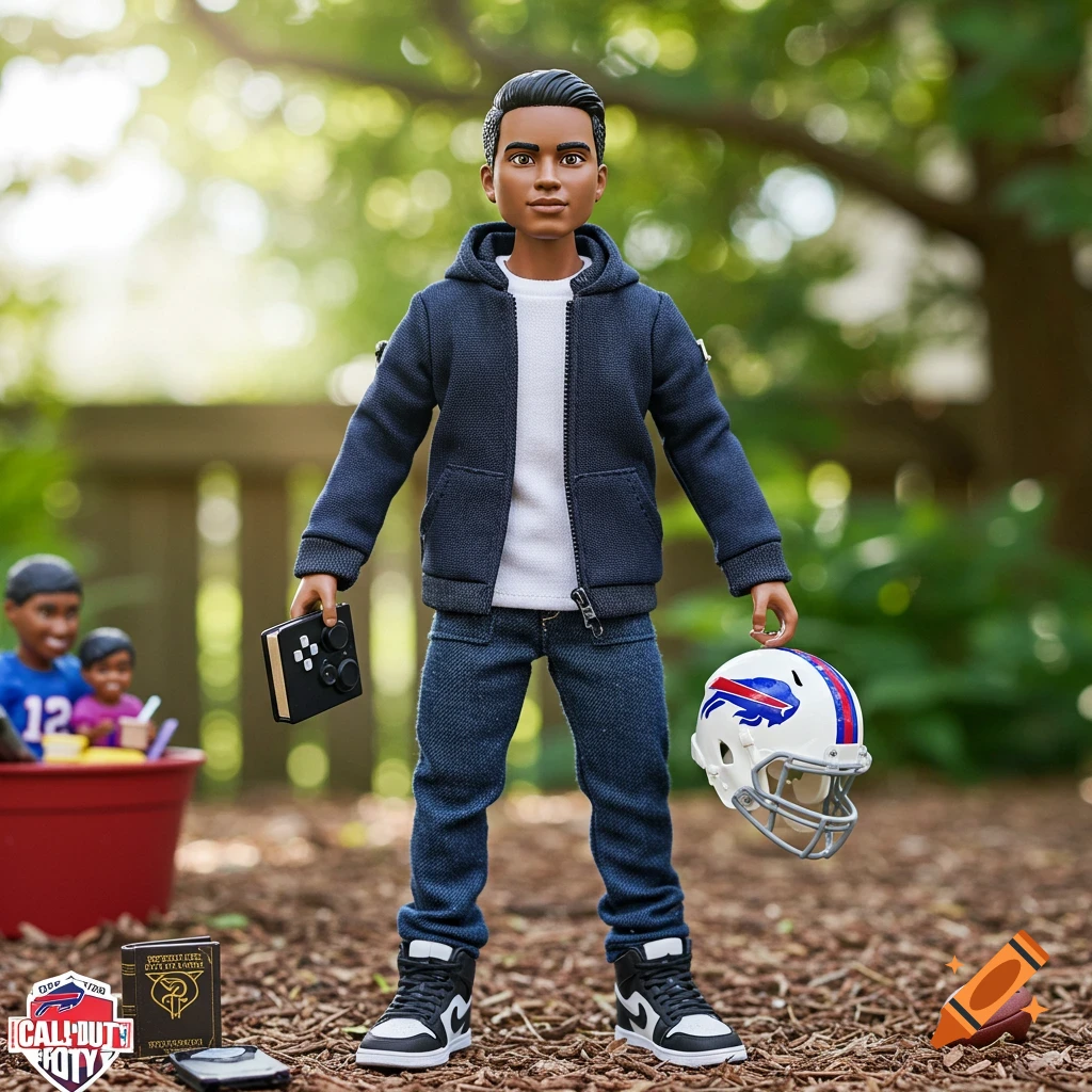 A photorealistic action figure of a young boy, wearing a blue hoodie, jeans, and sneakers, standing outdoors. He holds a black gaming controller and a white Buffalo Bills football helmet. Another football is on the ground. Other blurred action figures are in the background.