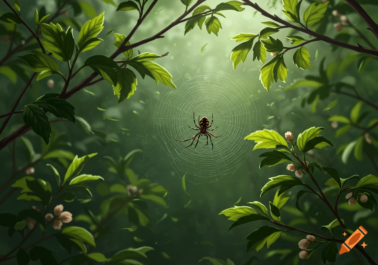 A spider sits on its web, illuminated by light filtering through green leaves and branches in a forest setting.