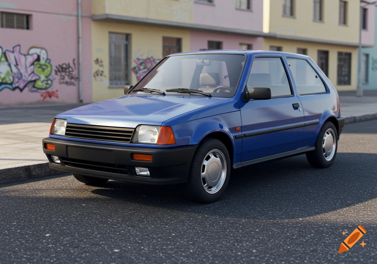 A blue three-door hatchback with black bumpers and square lights parked on an asphalt street in front of buildings with graffiti. Photorealistic style.