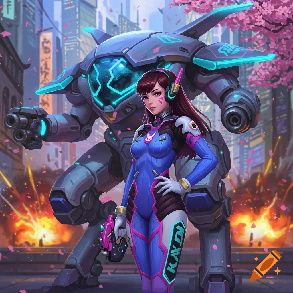 An anime-style illustration of D.Va from Overwatch in her blue and pink bodysuit standing in front of her large, blue mech with neon accents, against a futuristic city backdrop with cherry blossoms and explosions.