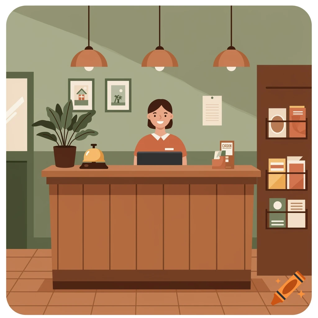An illustration of a smiling female receptionist behind a wooden counter in a hotel or holiday park reception area.
