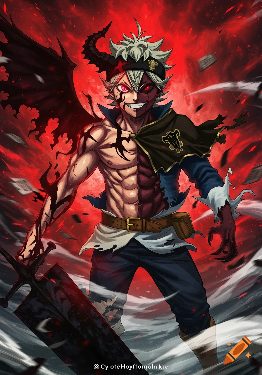 Anime illustration of Asta from Black Clover in half-demon form, with a red background, a black wing, and a large sword.