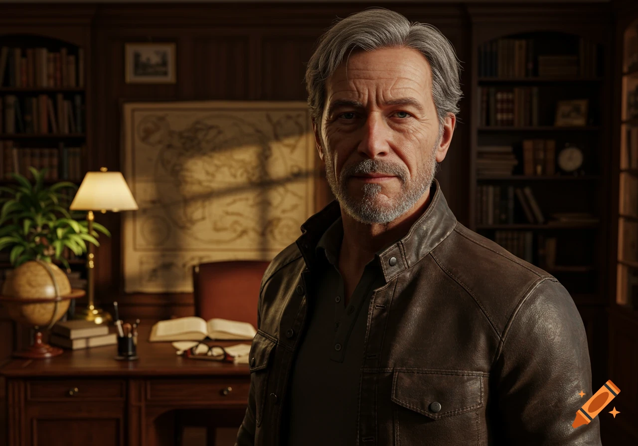 Photorealistic portrait of a distinguished middle-aged man with gray hair and beard, wearing a brown leather jacket, in a wood-paneled study with bookshelves and a desk.