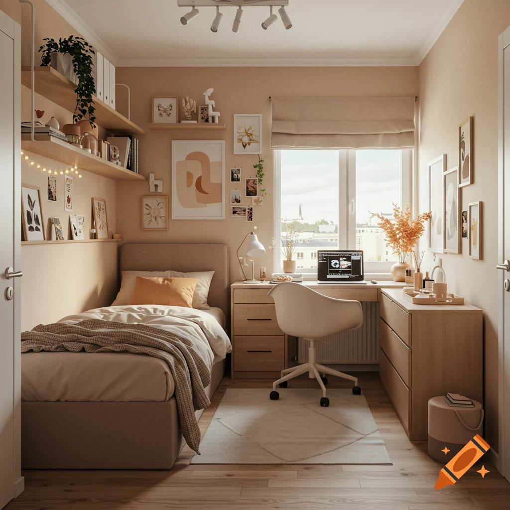 Cozy bedroom with a bed, wooden desk with laptop and chair by a window, and decorative shelves. Warm, natural lighting.