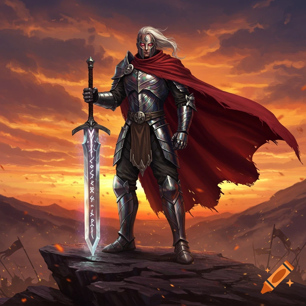 A white-haired warrior in metallic armor and a red cape stands on a rock, holding a glowing runic sword against a dramatic sunset.