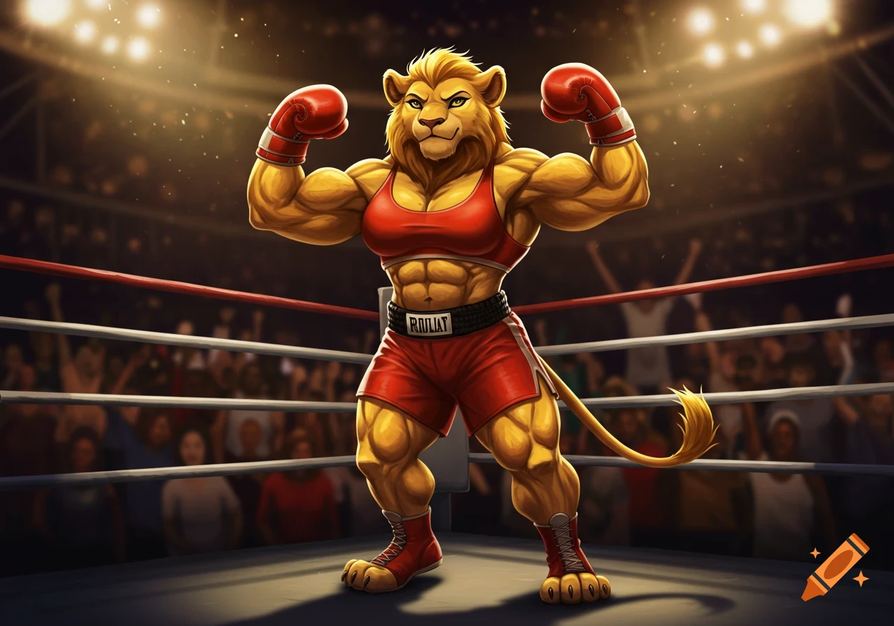 A muscular anthropomorphic lioness in red boxing gear and gloves flexes in a boxing ring, with a blurred crowd in the background. Cartoon style.