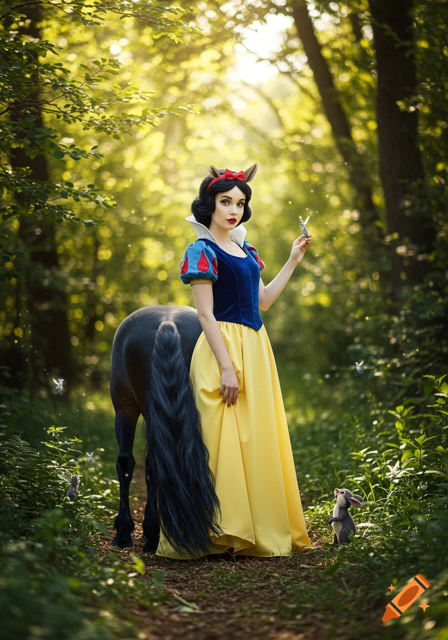 Photorealistic image of Snow White with horse ears and a black horse tail, standing in a lush, sunlit forest. A small rabbit and fairies are nearby.