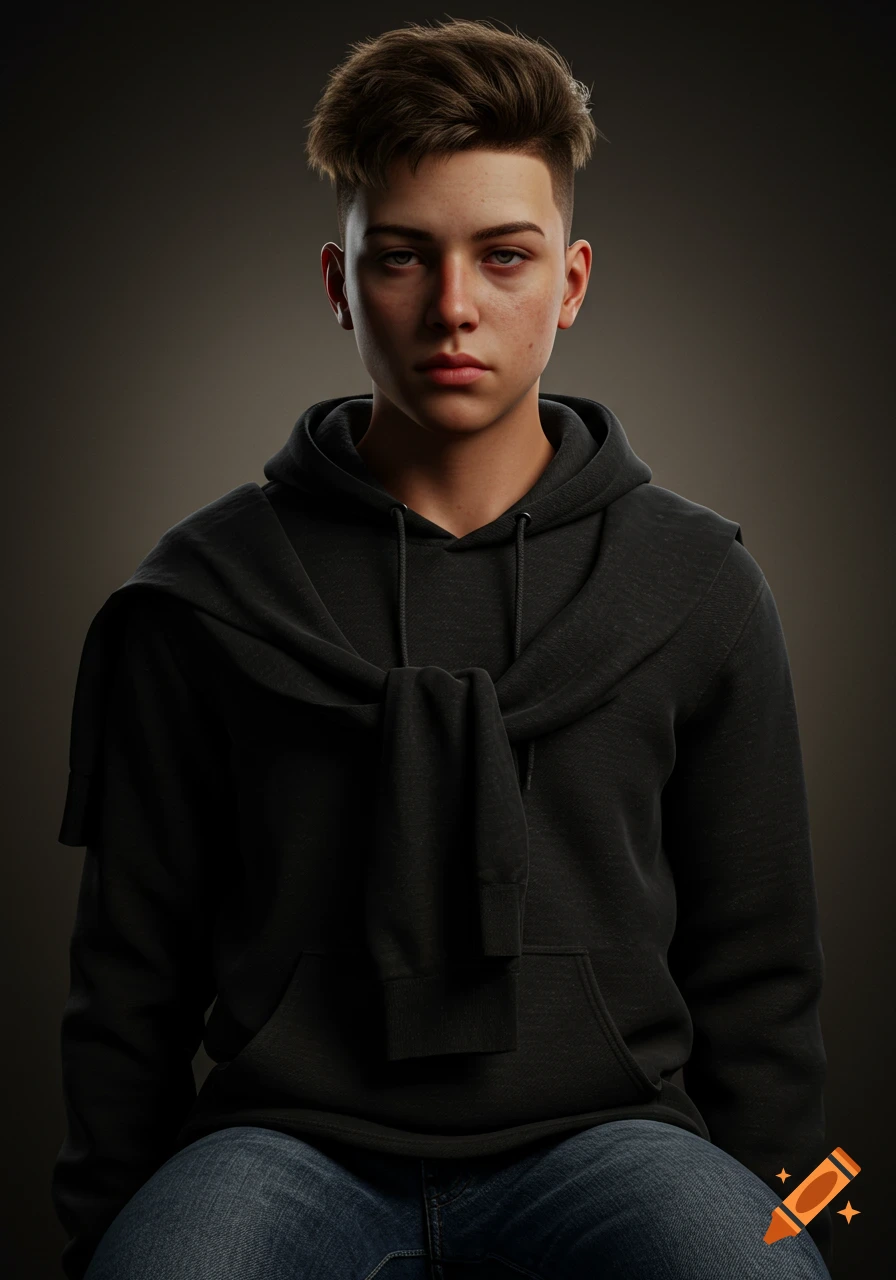 A young boy with fluffy brown hair and slight eye bags wears a black hoodie and jeans, with a sweater tied over his shoulders, in a realistic style.
