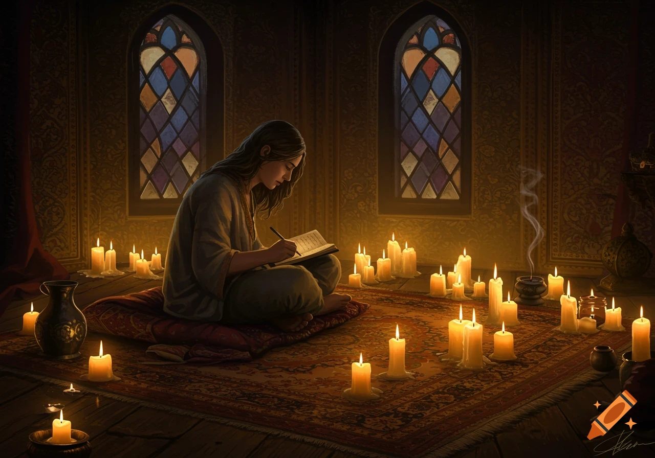 A person sits on a cushion on a rug, writing in a book by the soft glow of many lit candles in a dimly lit room with stained glass windows.