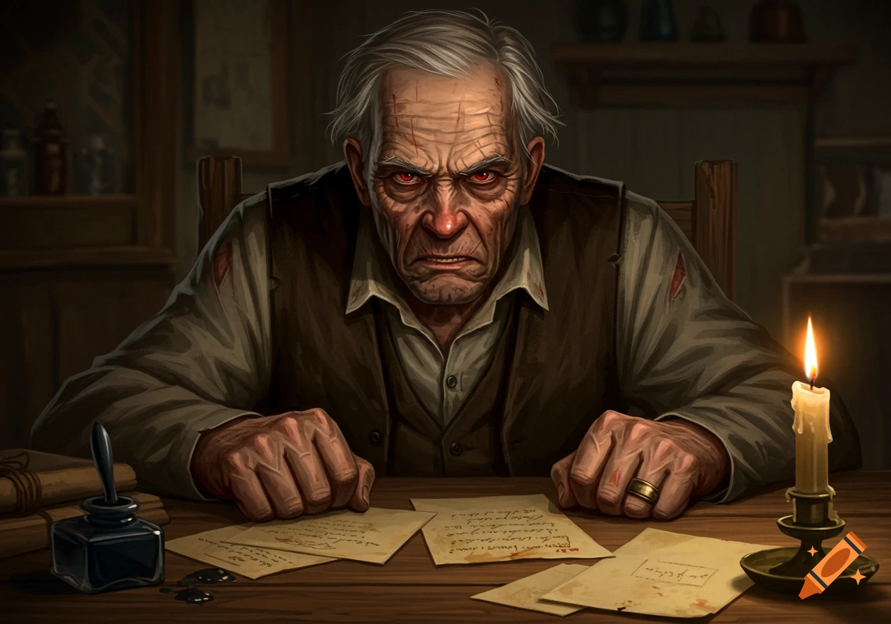 An angry old man with red eyes sits at a candlelit wooden table, his fists clenched over papers and an inkwell.