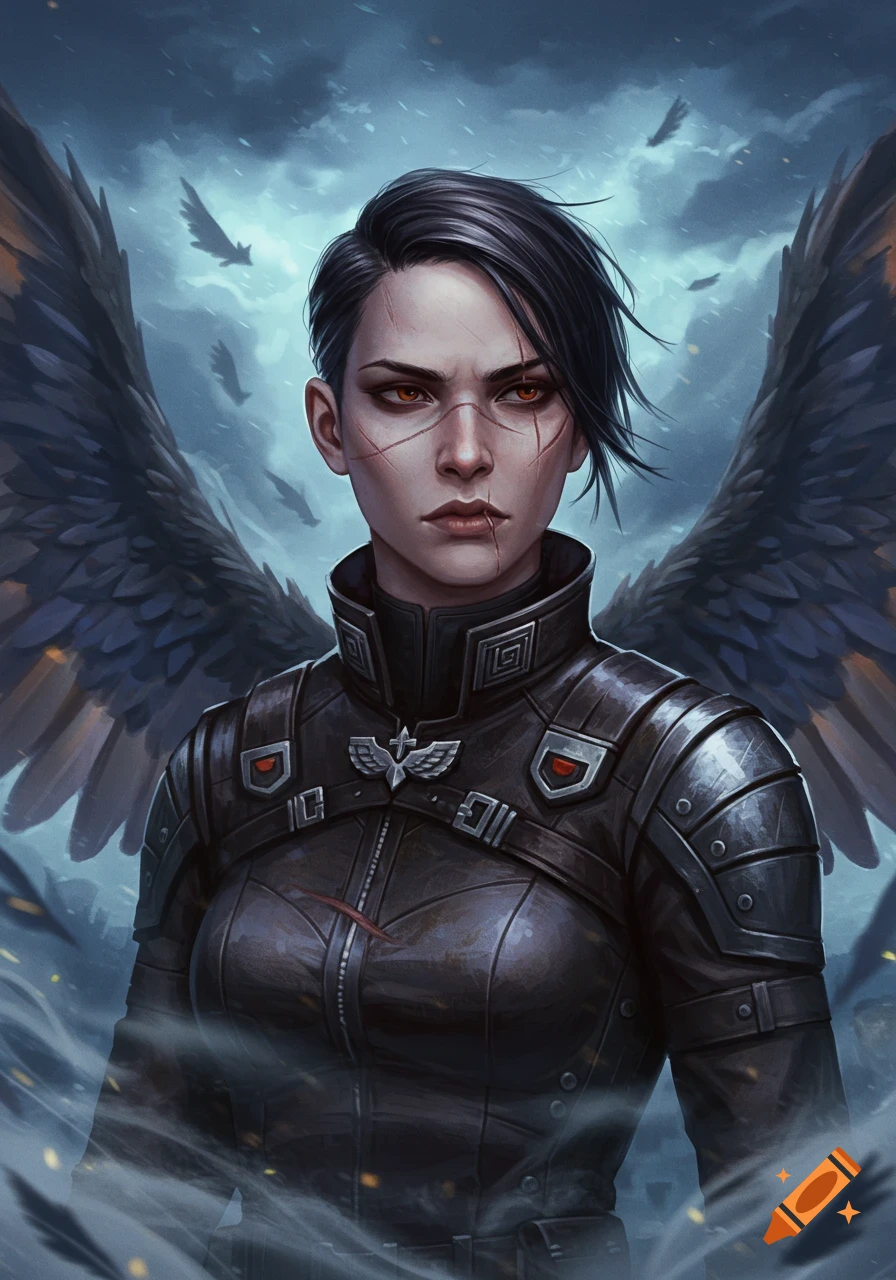 A fierce fantasy woman with short black hair, red eyes, and scars, wearing dark armor with black wings against a stormy sky.