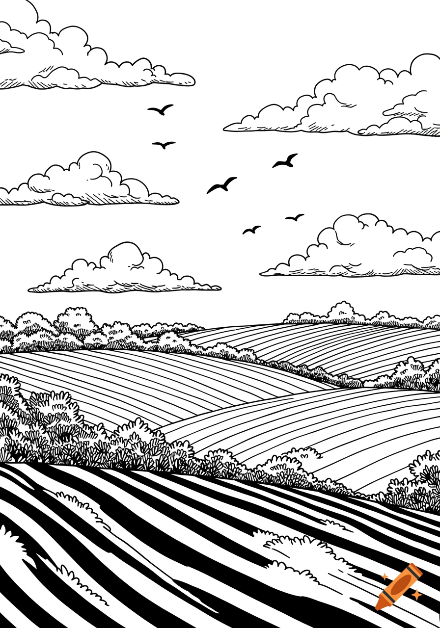 Black and white line art illustration of rolling hills with fields, bushes, clouds, and birds flying in the sky.