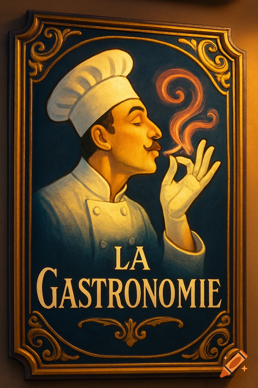 A vintage-style illustration of a chef on a dark blue sign with golden ornate borders, doing a chef's kiss gesture, with the words 'LA GASTRONOMIE'.