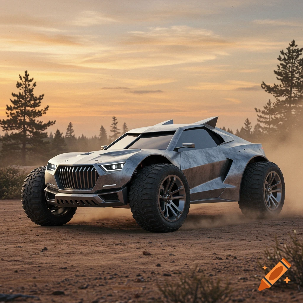 A futuristic custom off-road vehicle with a wolf-like design drives on a dirt road, kicking up dust at sunset.
