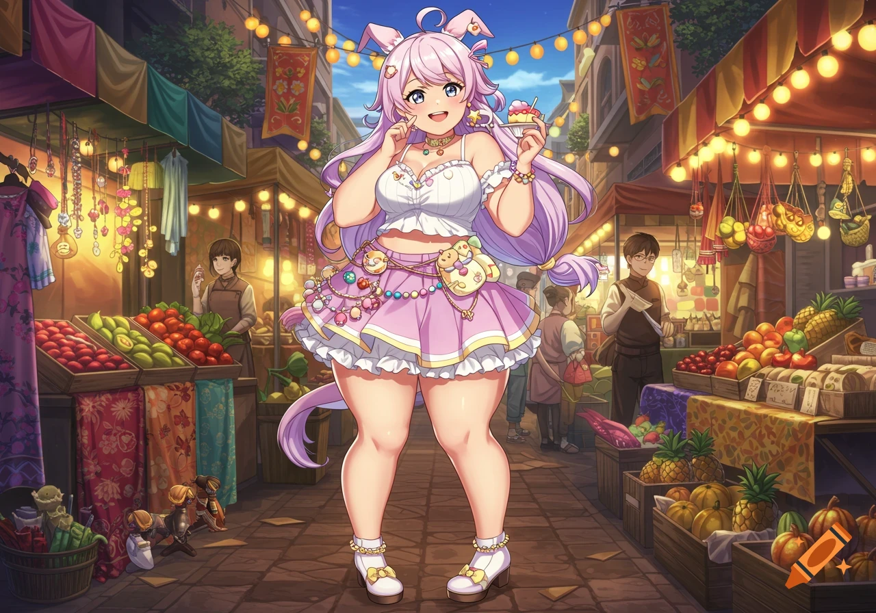 An anime girl with pink hair, animal ears, and a pink skirt smiles while holding a cupcake in a bustling market.