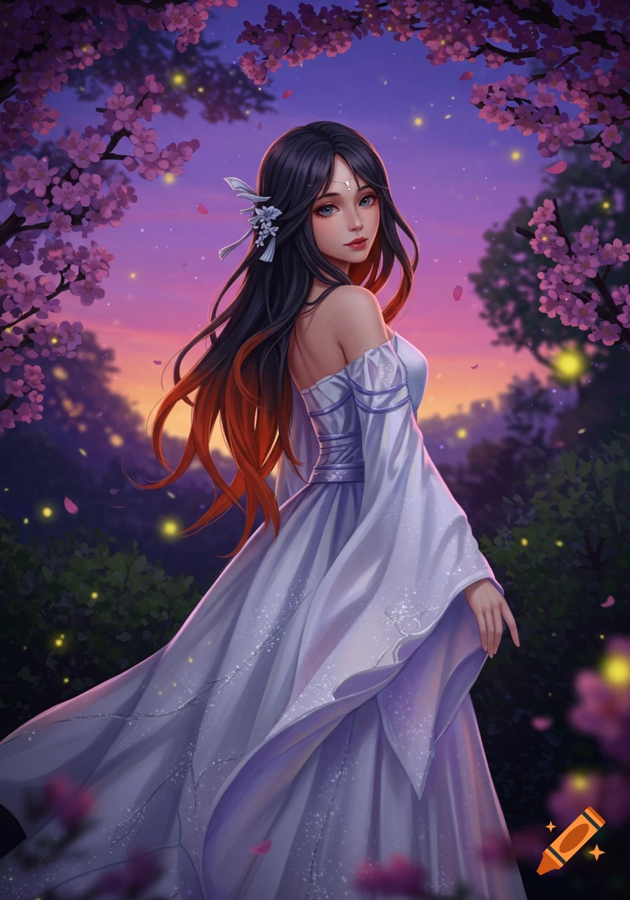 Digital illustration of a woman in a flowing white dress standing amidst pink cherry blossoms and glowing lights at dusk.