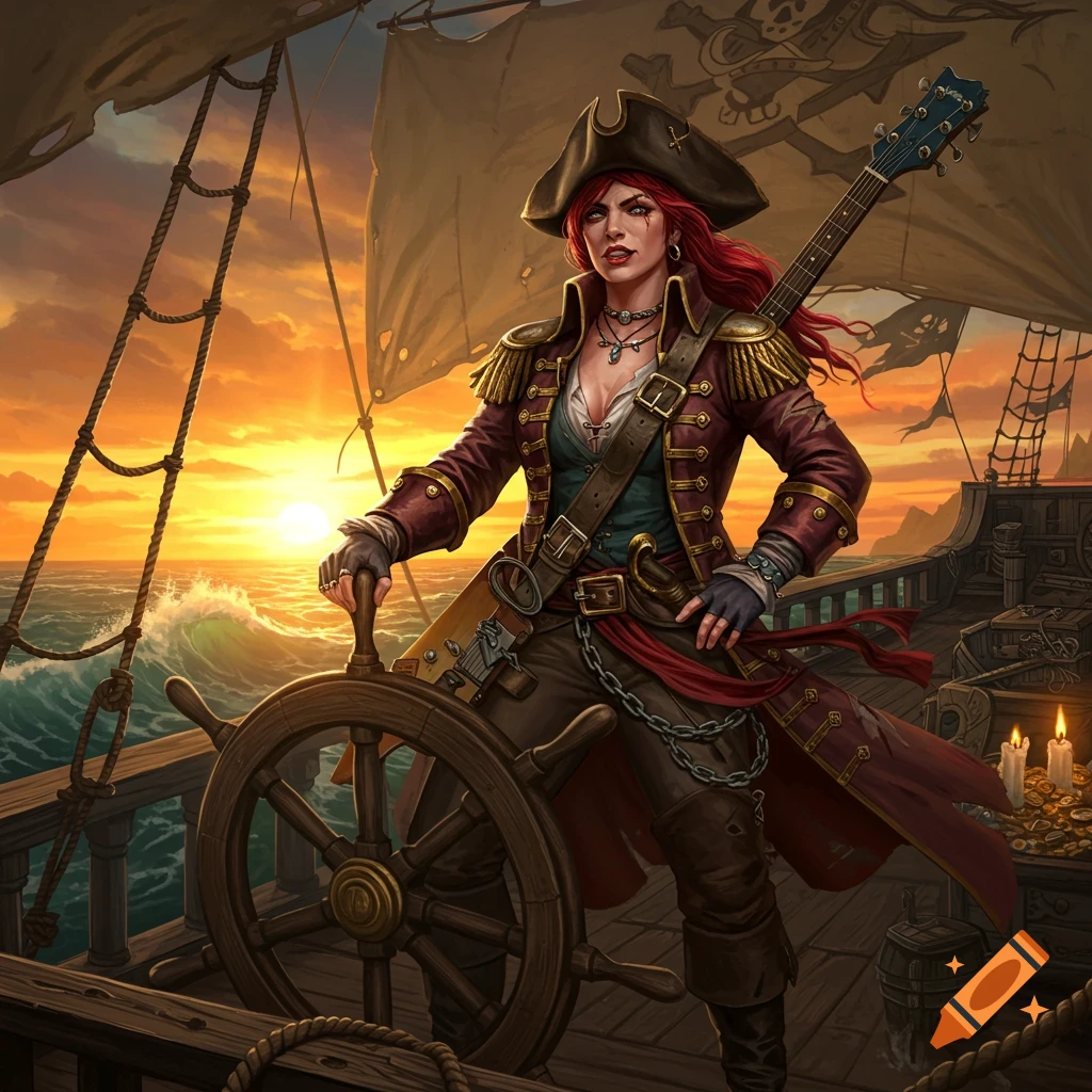 A red-haired female pirate captain stands at a ship's helm with a guitar on her back at sunset on the ocean.