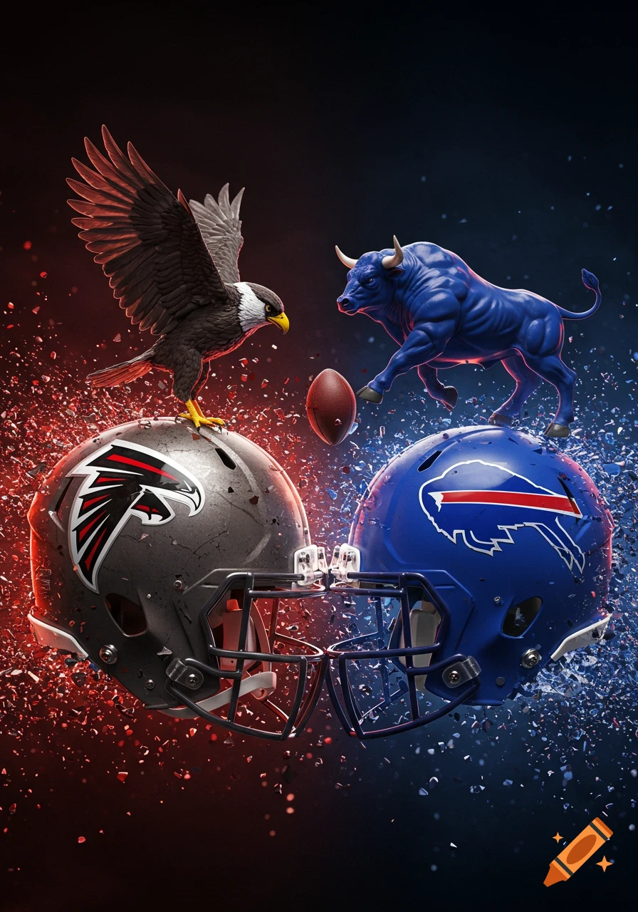 A 3D rendered image of an Atlanta Falcons helmet and a Buffalo Bills helmet smashing, with an eagle and a bull dueling above.