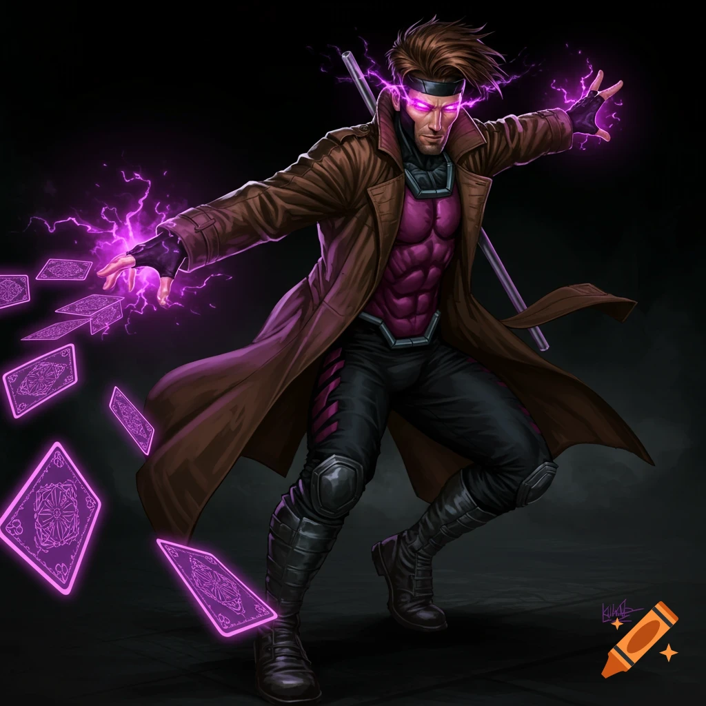 Digital illustration of Marvel's Gambit, eyes and cards glowing violet, throwing cards while screaming on a black background.