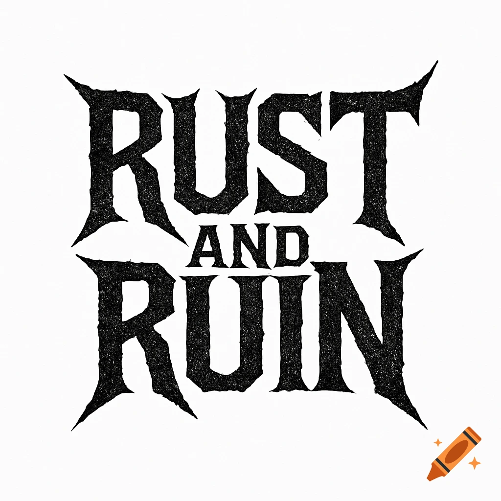 Black heavy metal style logo text 'RUST AND RUIN' on a white background.