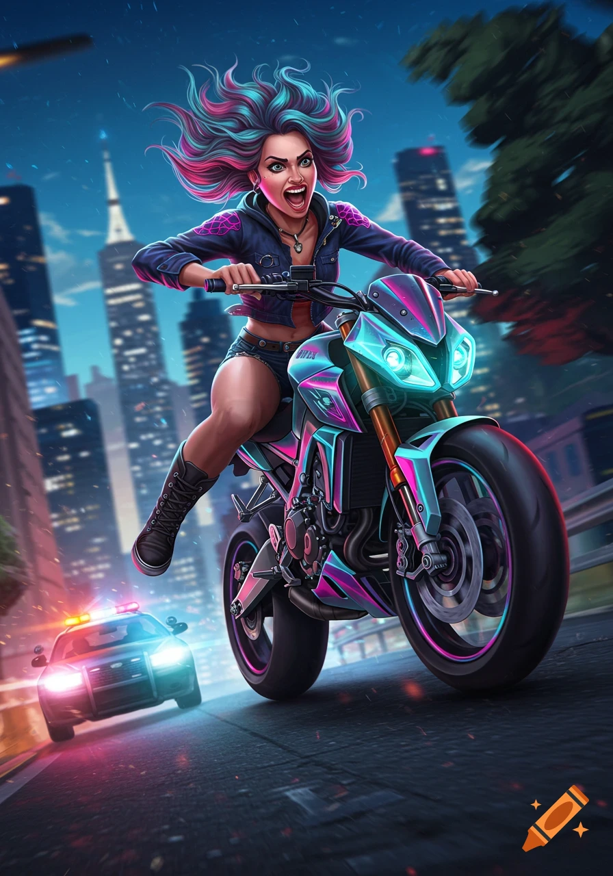 A vibrant, stylized illustration of a woman with colorful hair on a futuristic motorcycle, fleeing from a police car through a city at night.