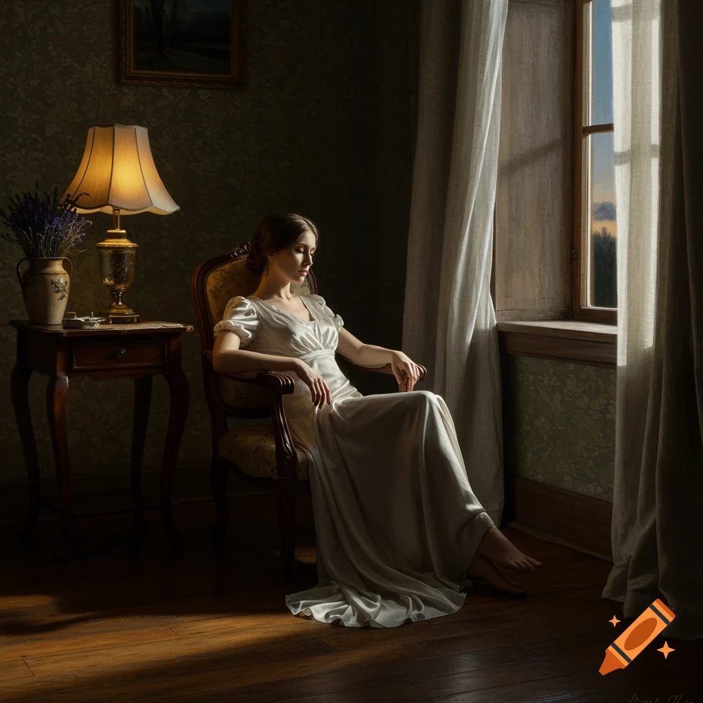 A woman in a flowing white dress sits in a dimly lit room, gazing downwards, with light streaming through a tall window beside her.