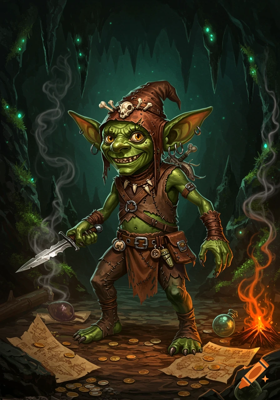 A grinning green-skinned goblin in a tattered hat holds a dagger amidst scattered coins and maps in a dark cave.