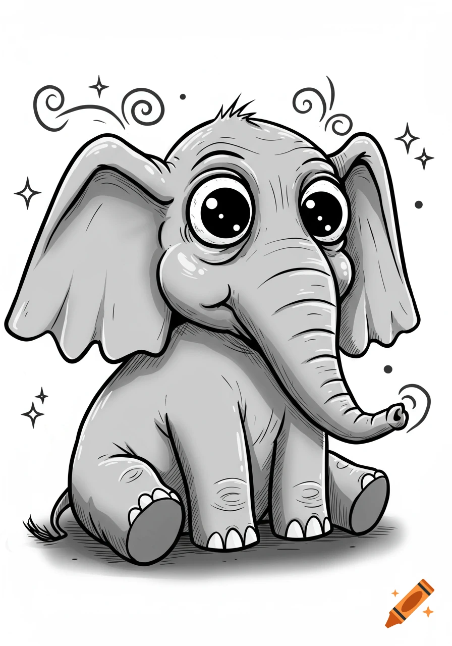 A black and white cartoon illustration of a whimsical baby elephant sitting with large bulging eyes.