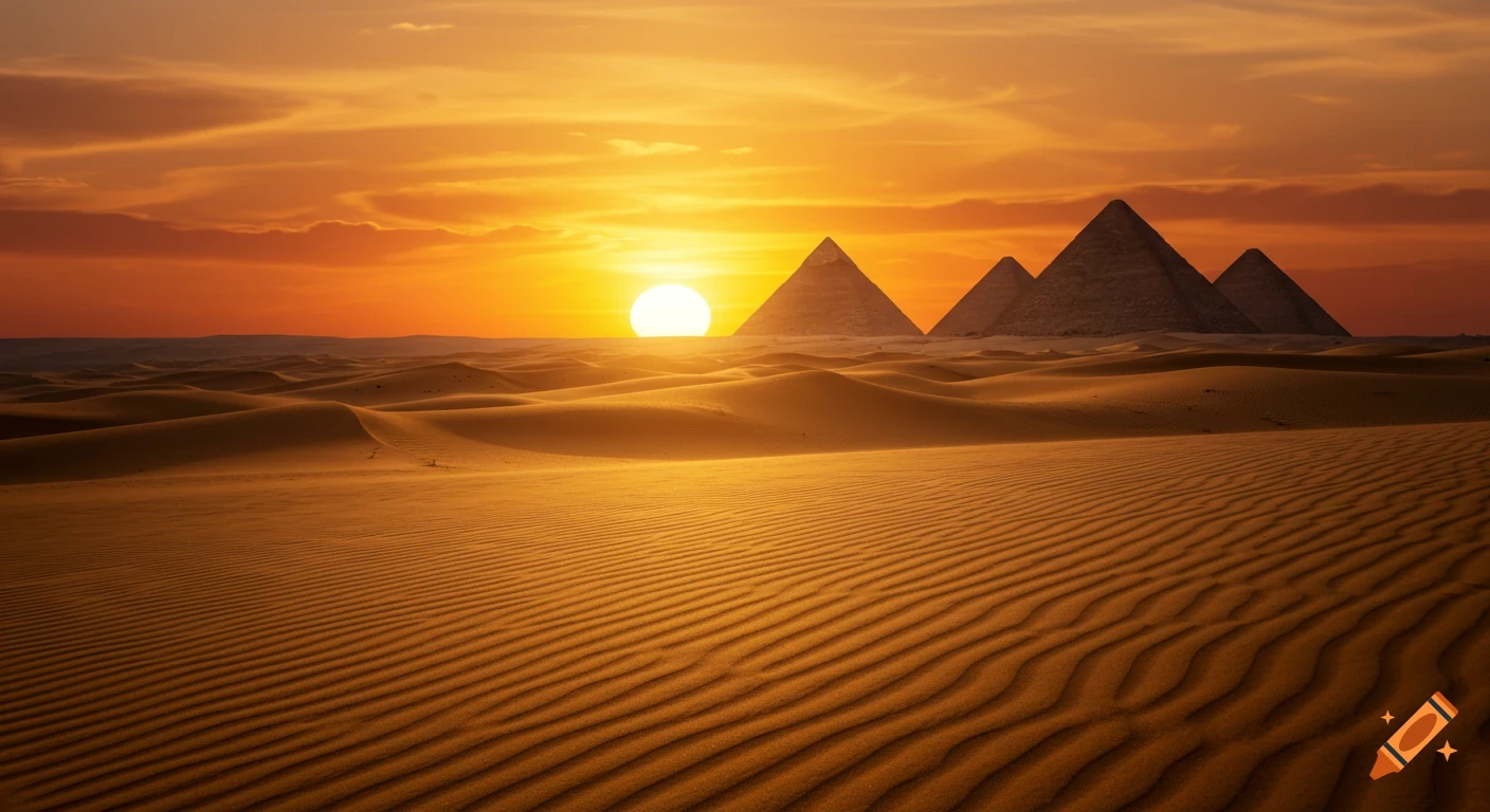 A desert landscape at sunset with large sand dunes and four ancient Egyptian pyramids under an orange and red sky.