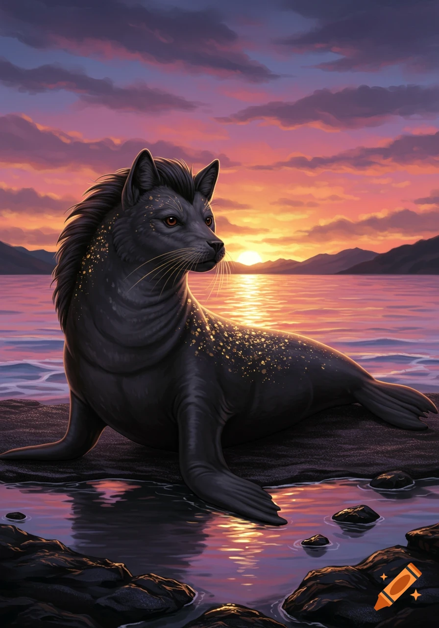 A dark gray seal-like creature with wolf features and golden spots sits by water at sunset.