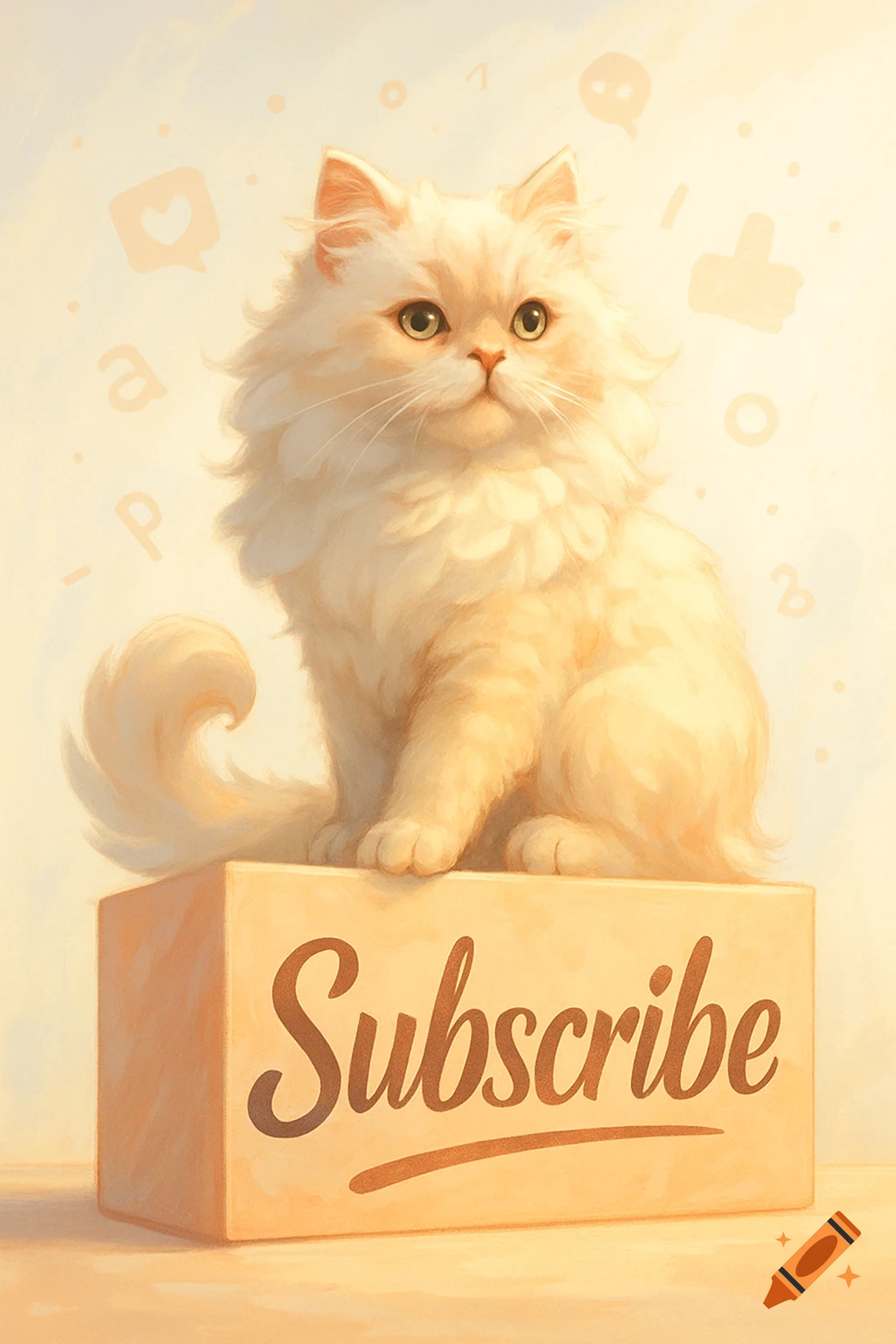 A fluffy white cat sits on a beige box with the word 'Subscribe' on it, in a painterly style.