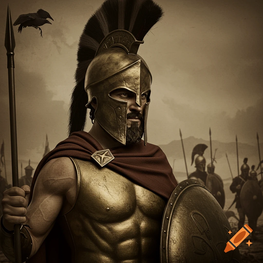 A close-up of a Spartan warrior in bronze armor and a red cape, holding a spear and shield, with other warriors in the background under a cloudy sky in sepia tones.