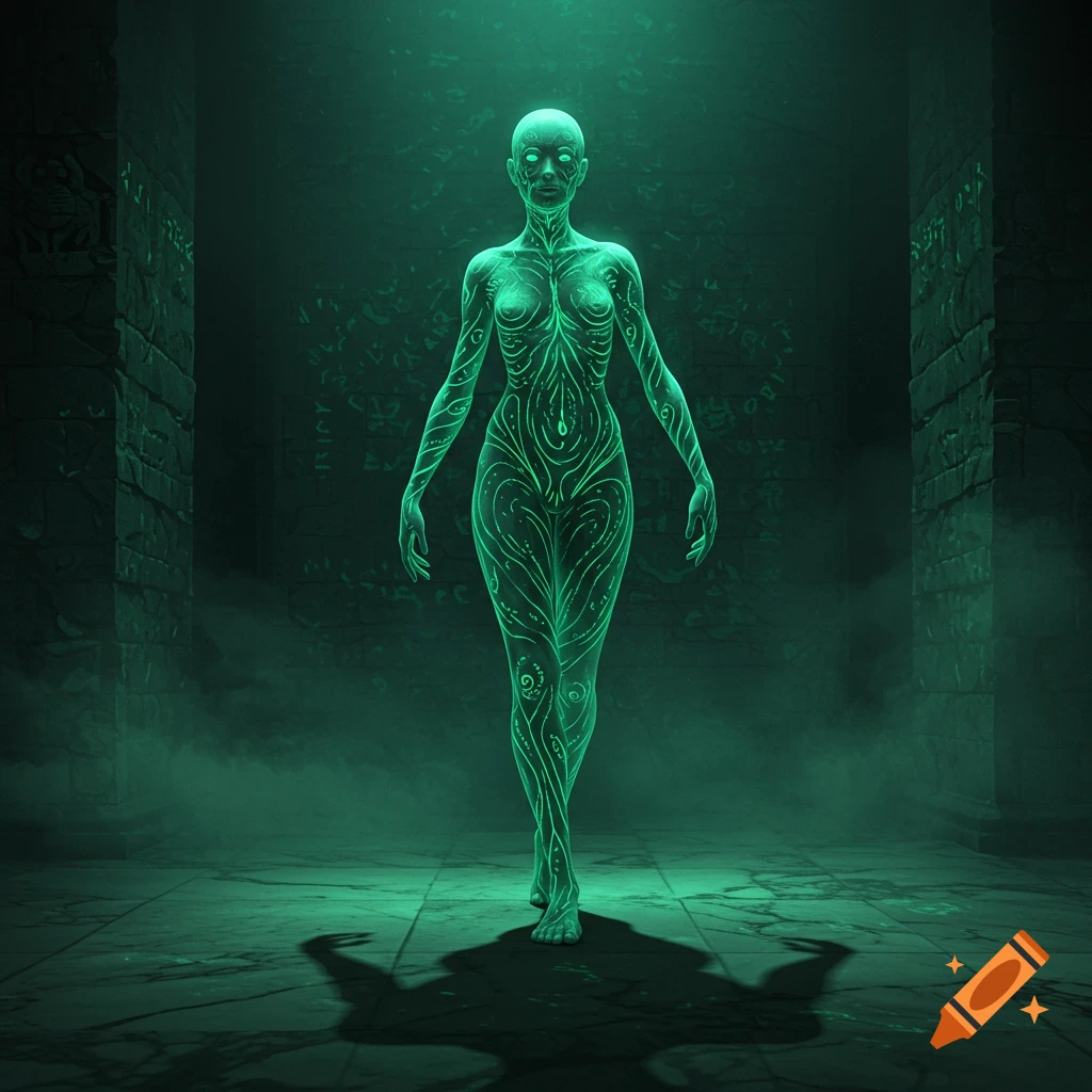 A glowing green humanoid figure with intricate patterns stands in a dark, ancient stone chamber with illuminated glyphs on the walls.