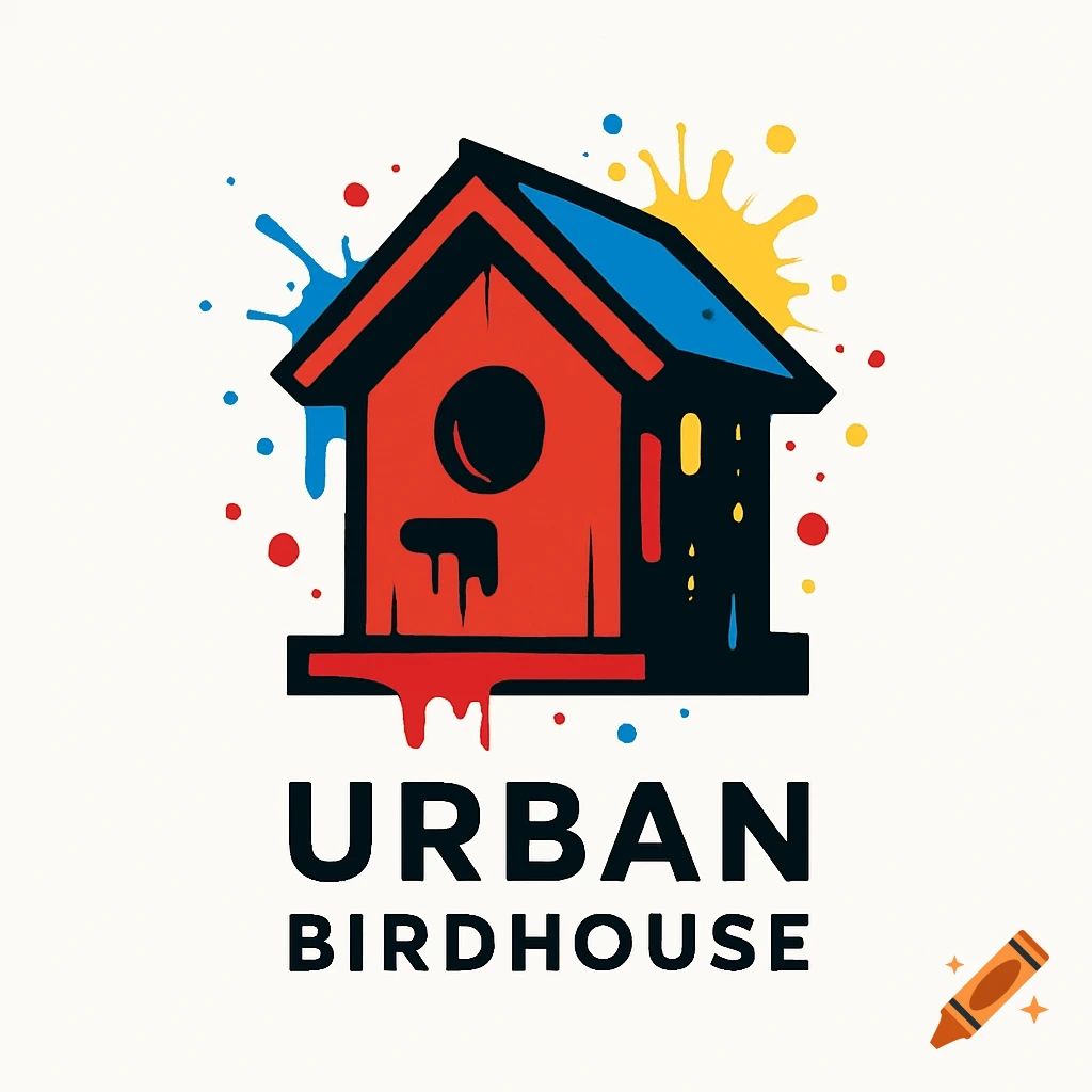 A colorful logo featuring a red and blue birdhouse with dripping paint and paint splatters, above the words 'URBAN BIRDHOUSE' in bold black text on a white background.