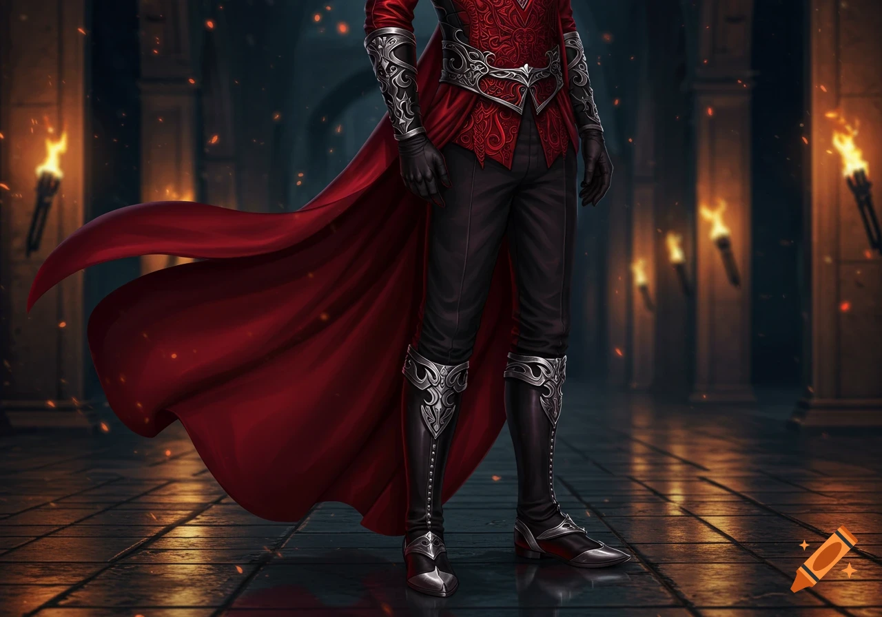 Lower body and torso of a person in an elaborate red and black fantasy outfit with a flowing cape and ornate silver details, standing in a torch-lit hall.