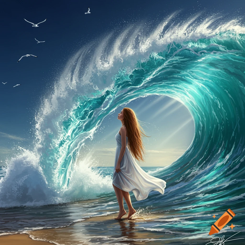 A woman with long red hair stands barefoot on a beach, looking up at a massive, curling wave with a light ray.