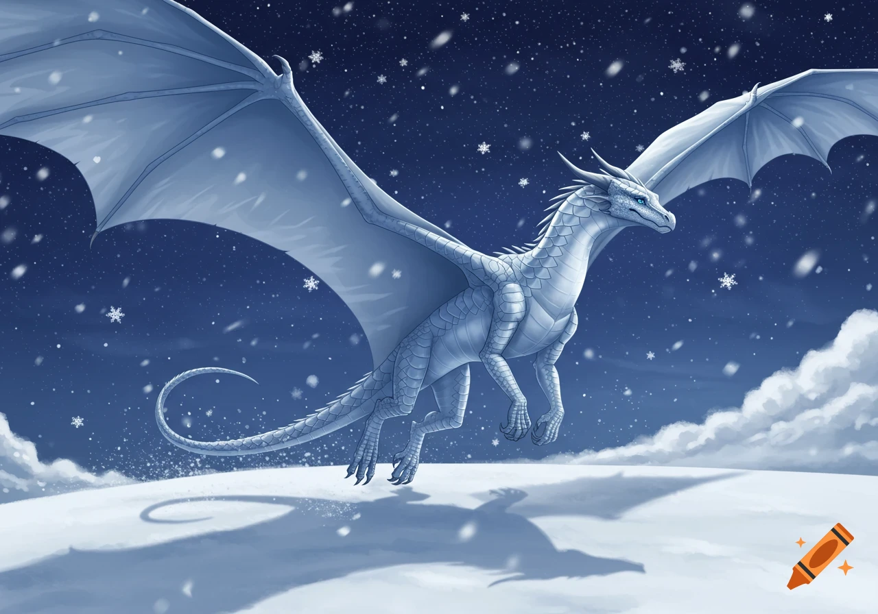 A majestic white dragon with large wings flies over a snowy landscape under a dark, snowy sky.