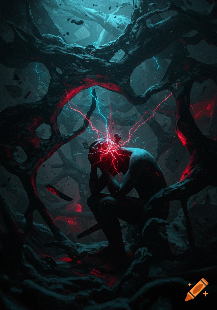 Dark fantasy art of a figure clutching their head as red and blue lightning radiates from it among gnarled roots.