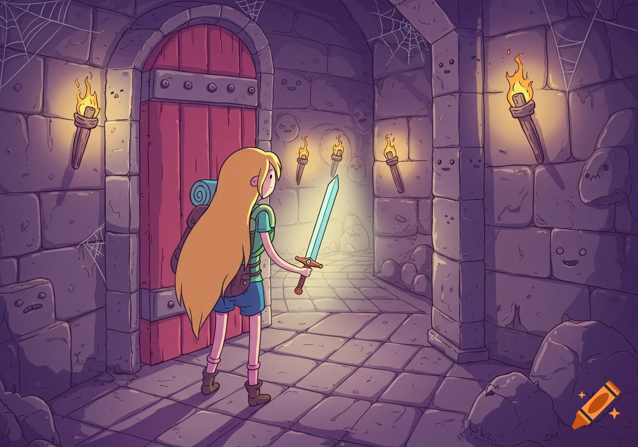 A cartoon-style female adventurer with long blonde hair and a backpack holds a sword, standing in a stone dungeon with torches and spiderwebs.