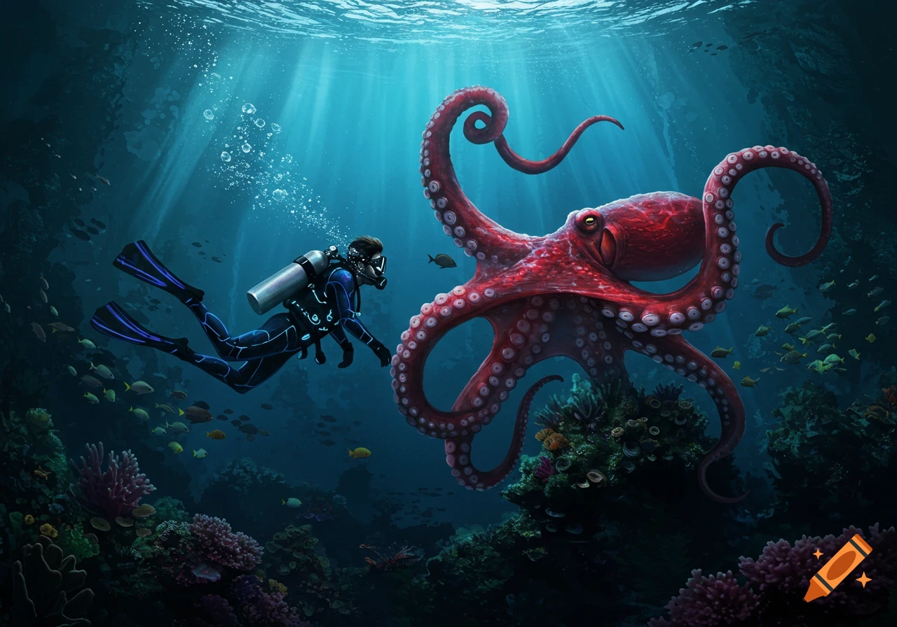 A scuba diver encounters a large red octopus on a vibrant coral reef in the deep blue ocean, illuminated by light rays from above.